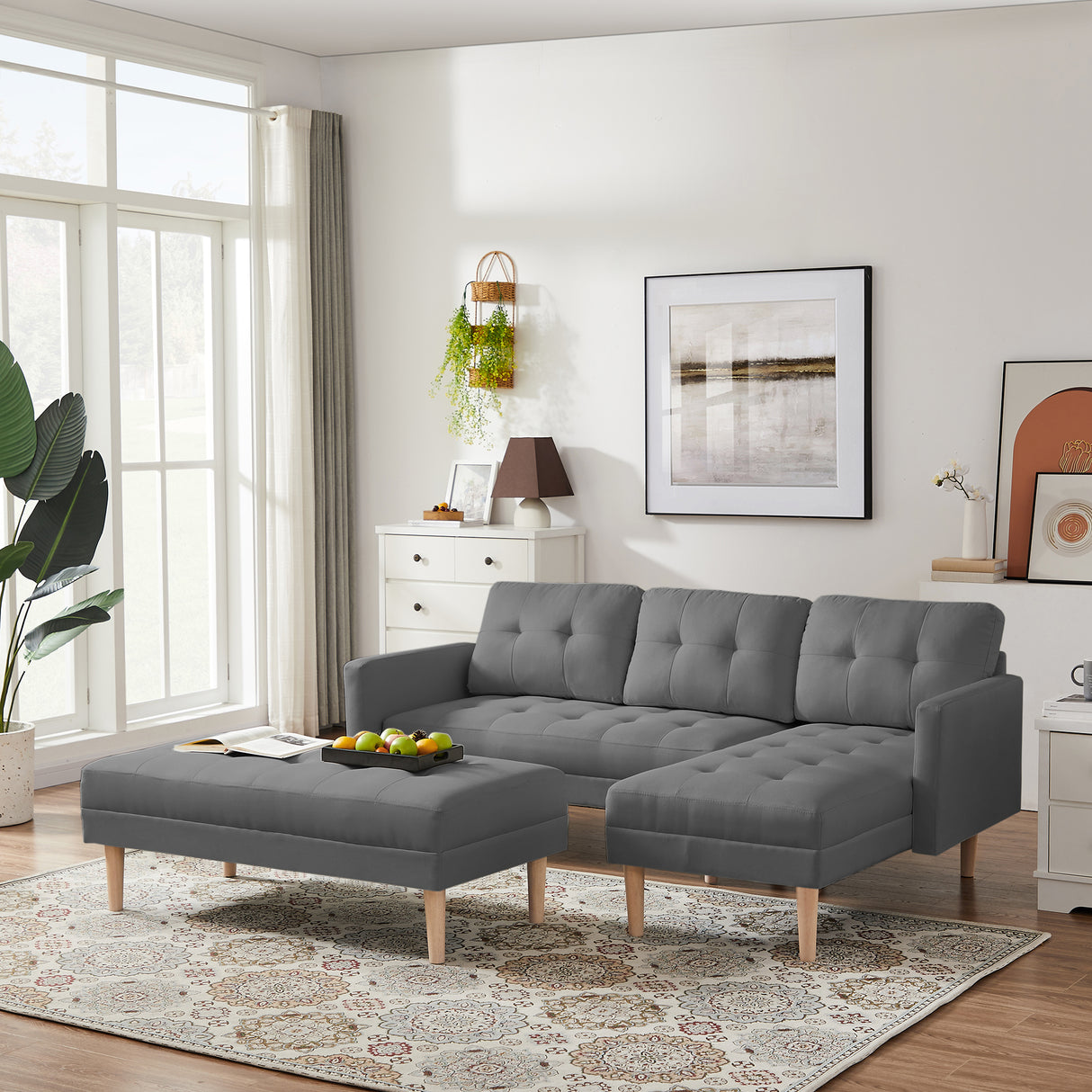 Sofa Chaise with Ottoman - Gray