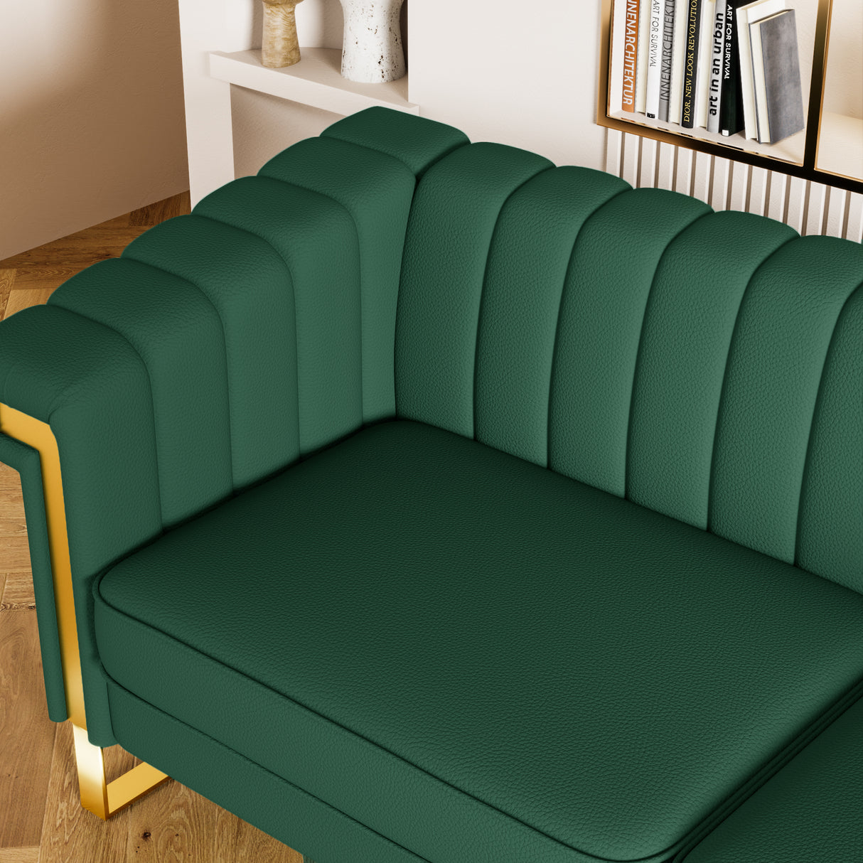 Modern PU Leather Sofa with Gold Accents - Green