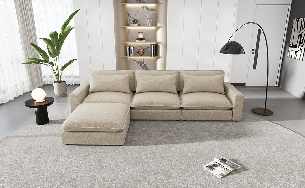 128" Chenille Cloud Sofa with Ottoman, Charging Ports and Three Back Pillows, Beige