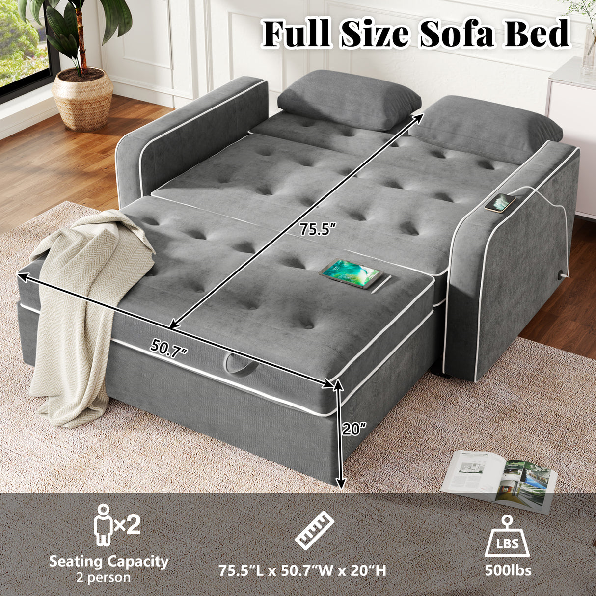 Upholstered Loveseat with Pull Out Sofa, Two Throw Pillows, Dual USB Charging Port And Adjustable Backrest - Gray