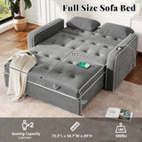 Upholstered Loveseat with Pull Out Sofa, Two Throw Pillows, Dual USB Charging Port And Adjustable Backrest - Gray