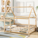 Floor Wooden Bed With House Roof Frame, Fence Guardrails