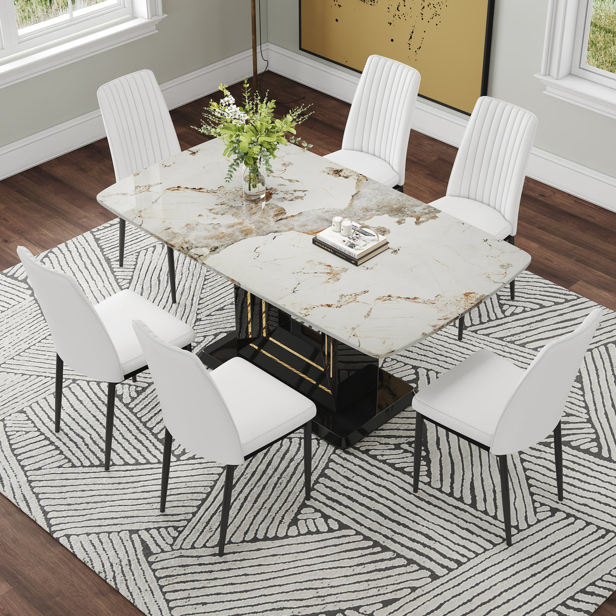 7-Piece Faux Marble Dining Set with 6 Upholstered White Chairs - White/Black