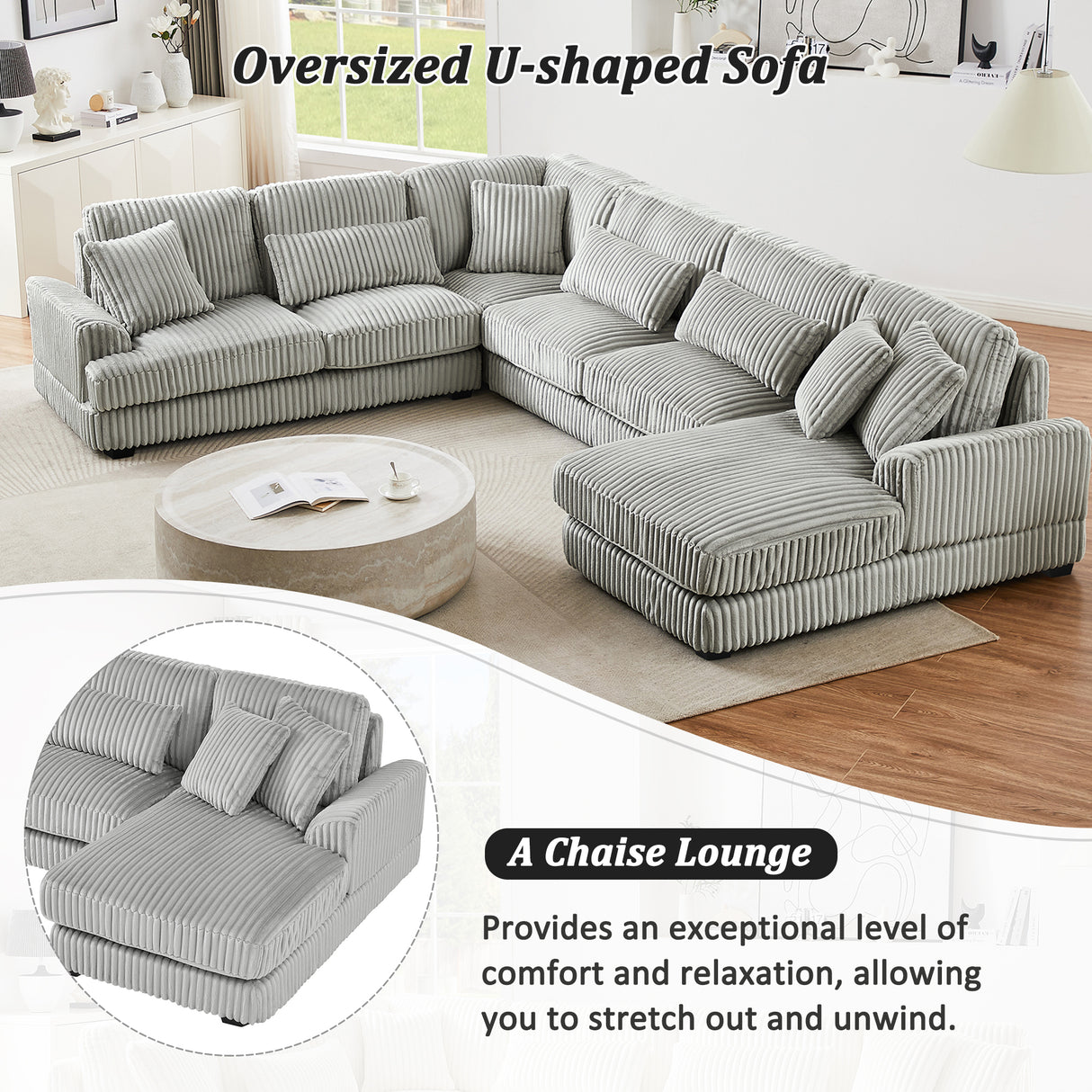 129" Oversized U-shaped Sofa Sectional in Soft Corduroy with a Chaise Lounge , Grey