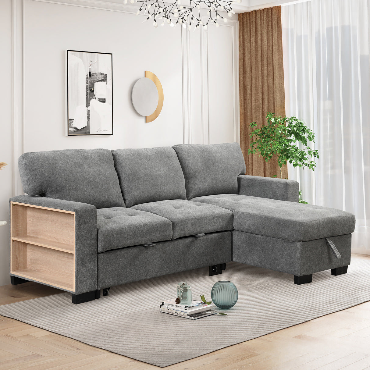 Sleeper Sofa Chaise with Storage  and USB Charger - Gray