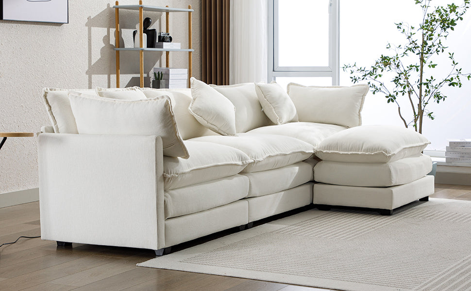 112.2" Chenille Upholstered Sofa with Ottoman and 5 Pillows - Off White