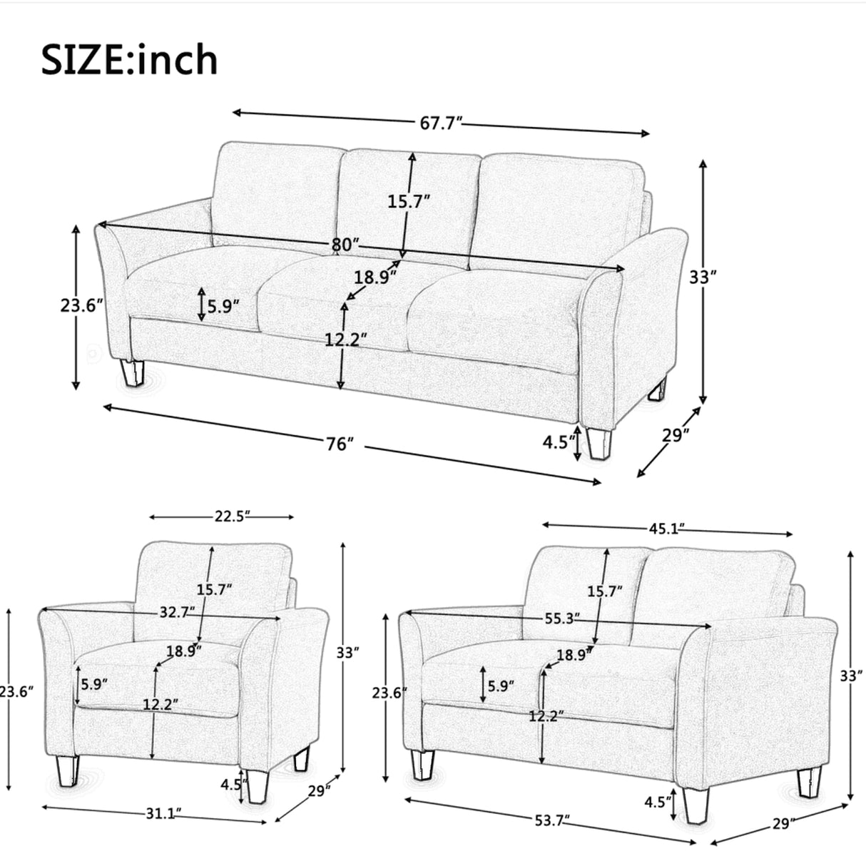 3 PC Living Room Set With Sofa, Love Seat and Chair