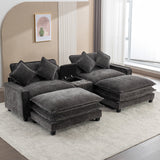 112.6" Chenille Upholstered Sofa with Two Ottomans, Two USB Ports, Two Cup Holders and Large Storage Box -Dark Gray