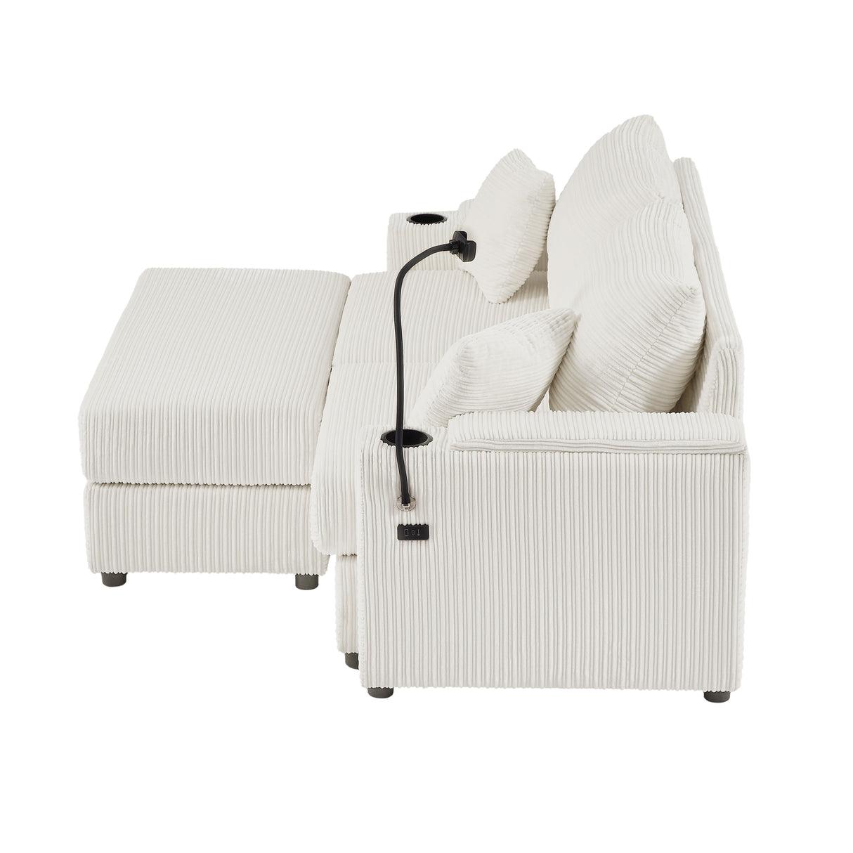 72.8" Modern Style Loveseat with Storage Space, Movable Ottoman, Two USB Ports, Two Cup Holders and Phone Holder - Beige