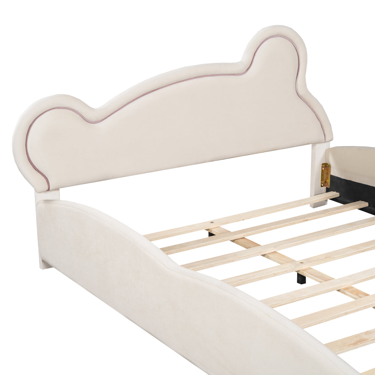 Queen Size Platform Bed with Bear-Shaped Headboard and Storage Pocket, Beige