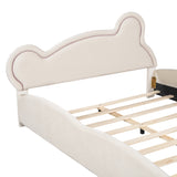 Queen Size Platform Bed with Bear-Shaped Headboard and Storage Pocket, Beige