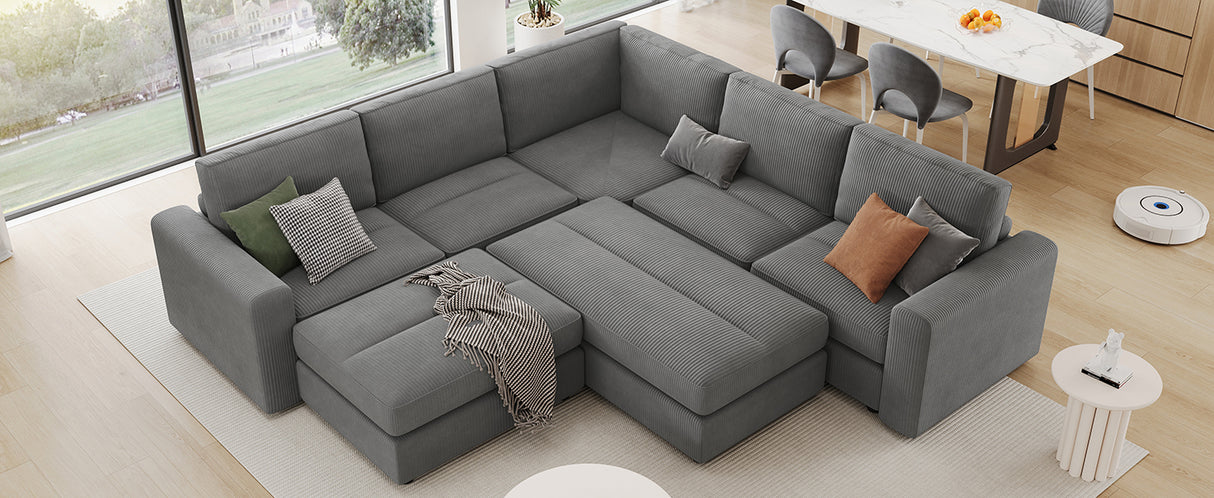 121.3" Modular Sectional Sofa with Two Movable Ottomans, Gray