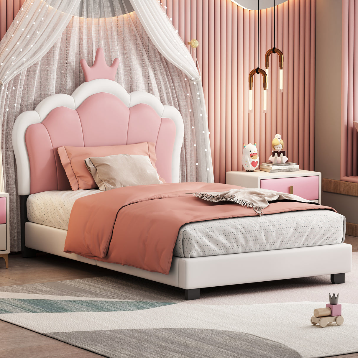 Twin size Upholstered Princess Bed With Crown Headboard, White+Pink