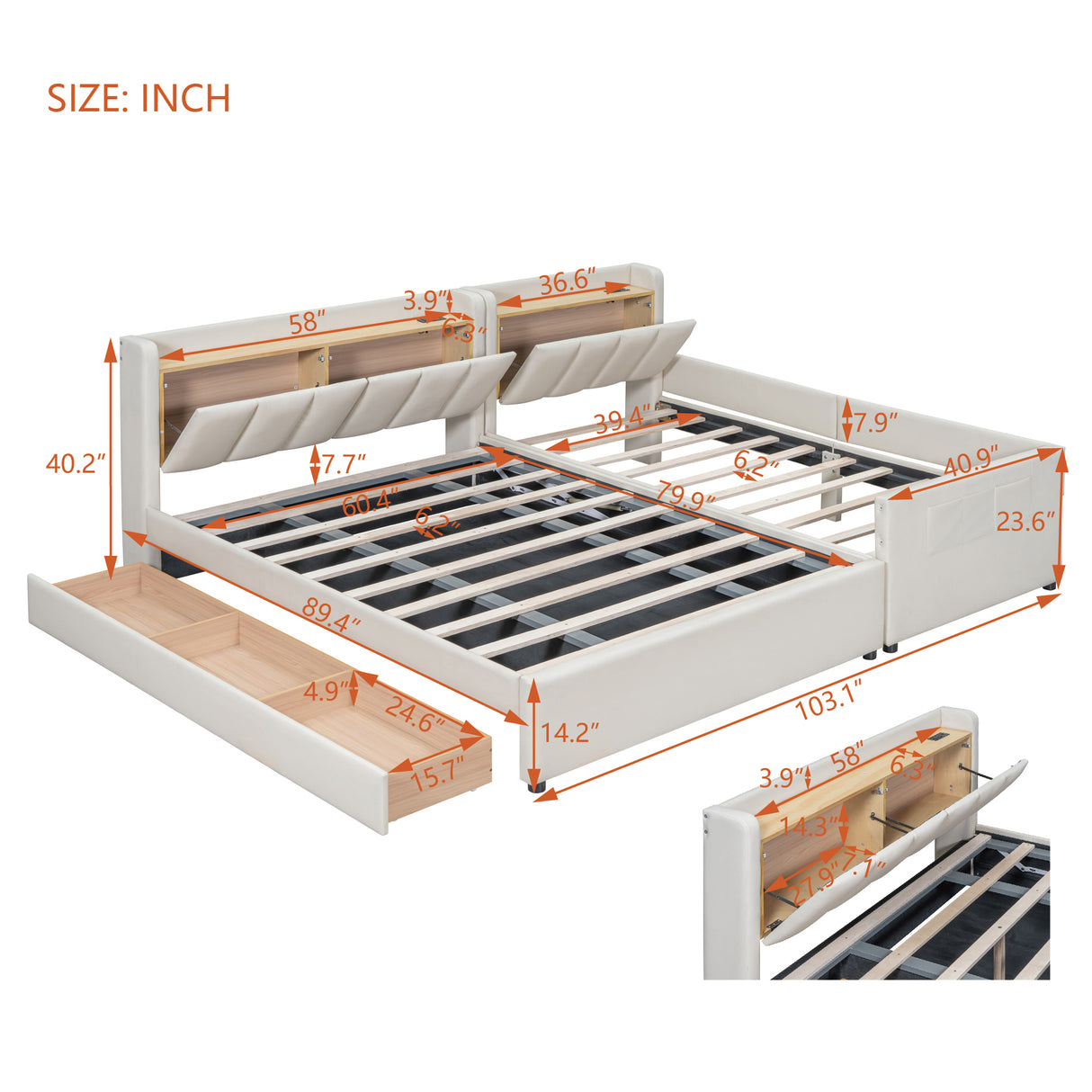 Queen & Twin XL Size Upholstered Platform Bed with Hydraulic Storage System, Drawers, Bedhead storage shelves, Two pairs of Outlets & USB Ports - PU Leather, Beige