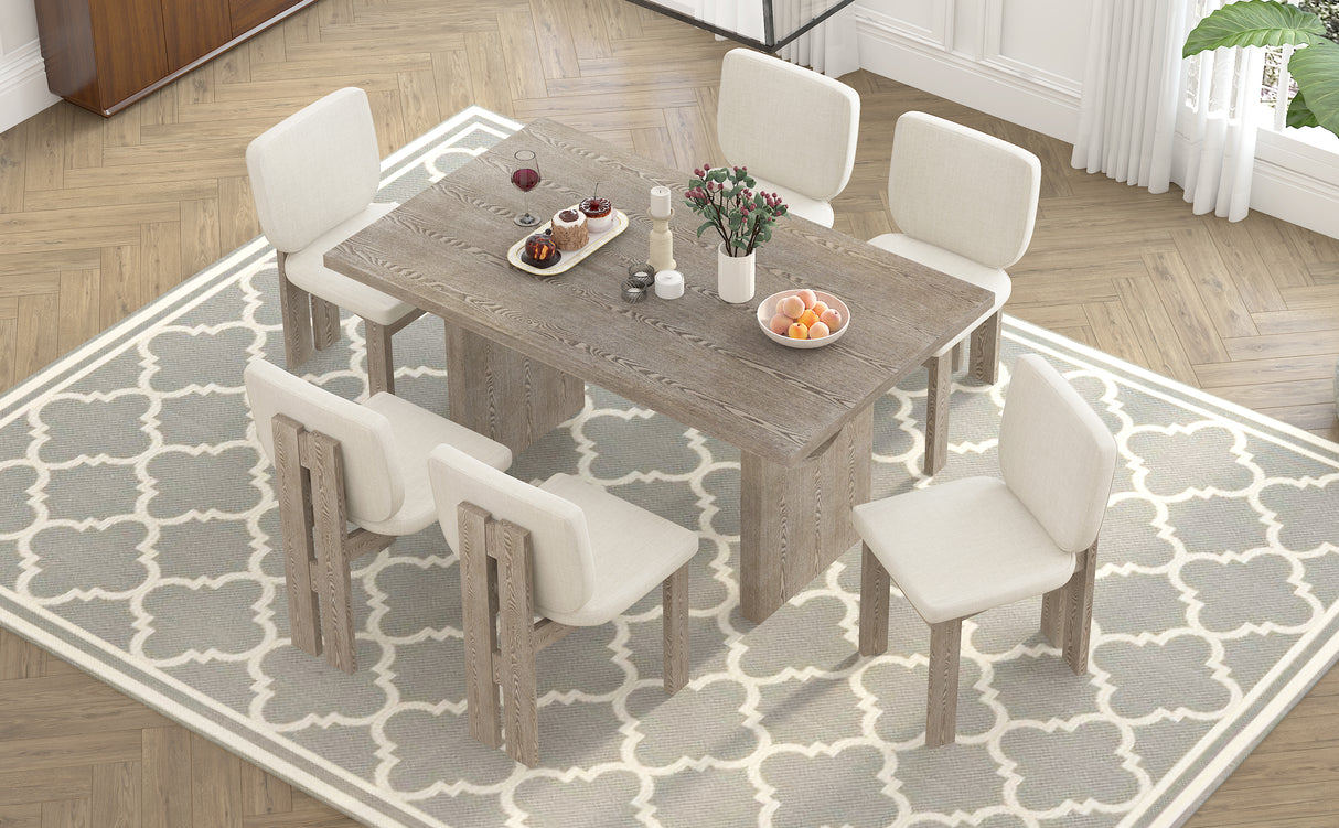 TREXM 7-Piece Retro Dining Set with Trestle Table and 6 Upholstered Chairs (Natural Wood Wash)