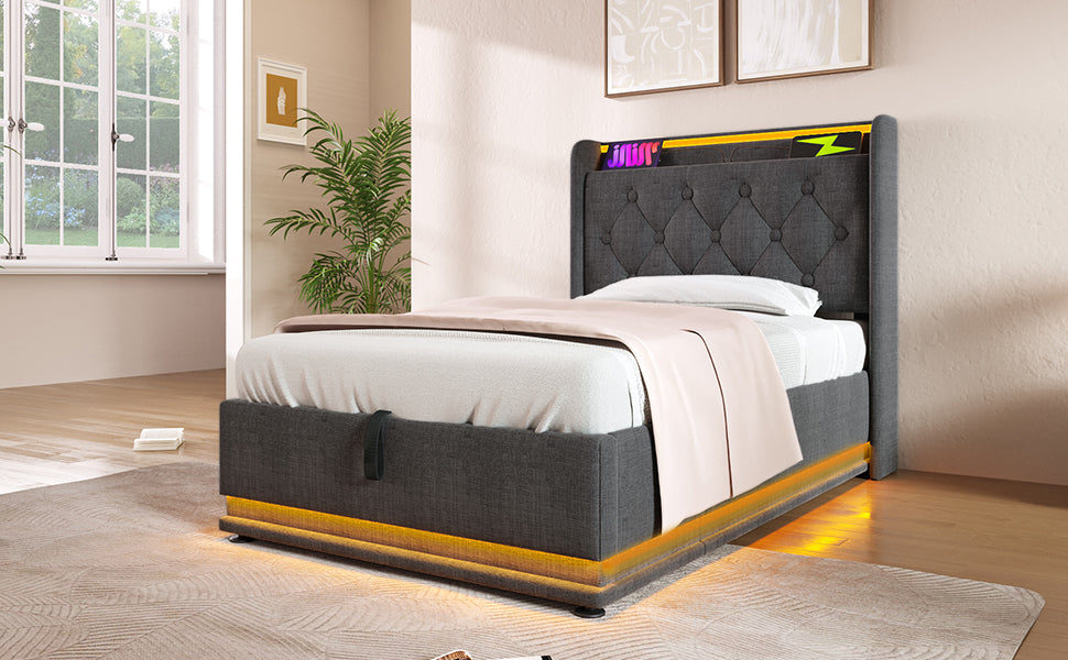 Twin Upholstered bed With 360 Surround LED, Remote Control, Hydraulic storage, USB Type-C charging - Gray