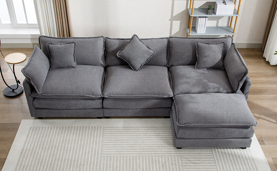 112.2" Chenille Upholstered Sofa with Ottoman and 5 Pillows - Gray