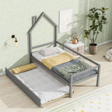 House Wooden Daybed With Trundle, House-Shaped Headboard Bed With Guardrails