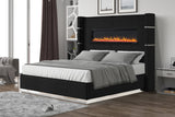 Upholstered Queen Bed with Fireplace in Black Velvet Finish