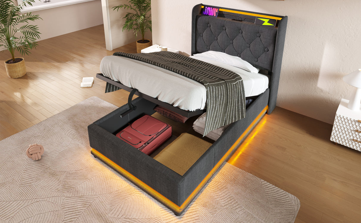 Twin Upholstered bed With 360 Surround LED, Remote Control, Hydraulic storage, USB Type-C charging - Gray