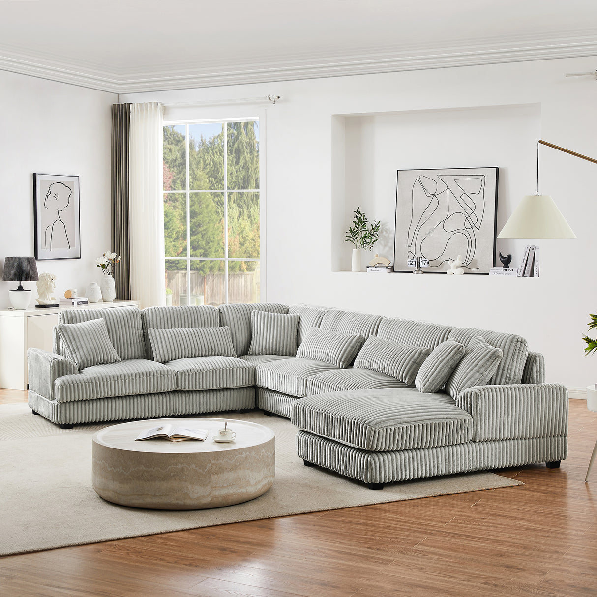 129" Oversized U-shaped Sofa Sectional in Soft Corduroy with a Chaise Lounge , Grey