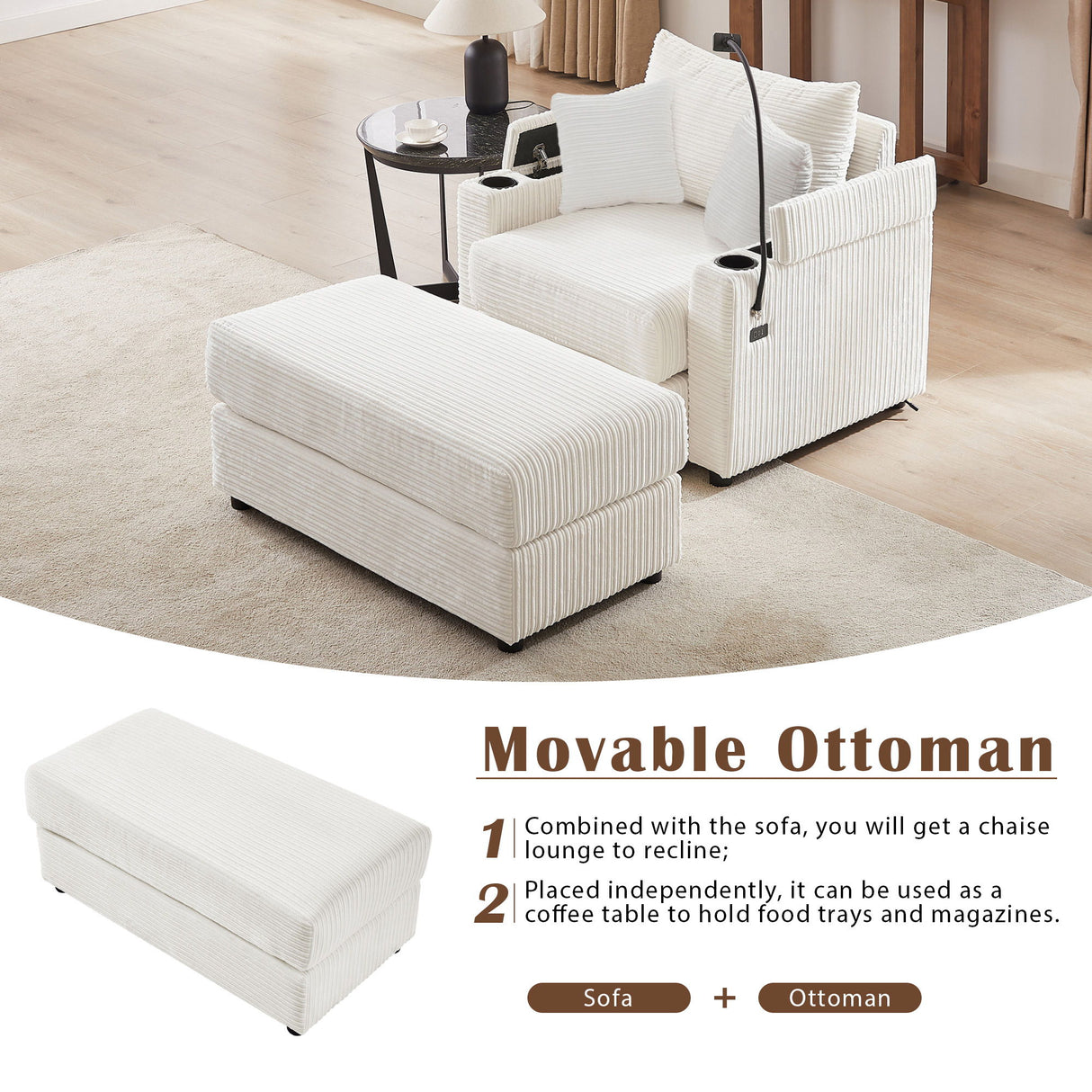 Modern Style Loveseat Sofa Sectional Sofa Couch With Storage Space, A Movable Ottoman, Two USB Ports, Two Cup Holders, A Phone Holder For Living Room