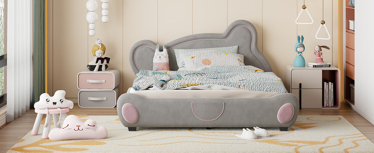 Queen Size Velvet Platform Bed with Bear-Shaped Headboard and  Storage Pocket, Gray