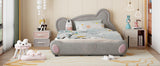 Queen Size Velvet Platform Bed with Bear-Shaped Headboard and  Storage Pocket, Gray