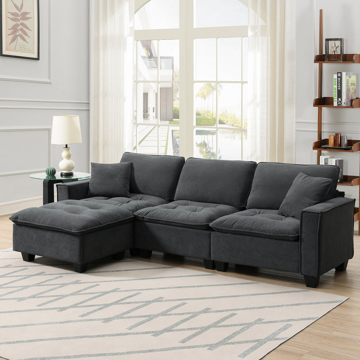 Modern Sectional Sofa with Pillow sand Ottoman - Dark Gray