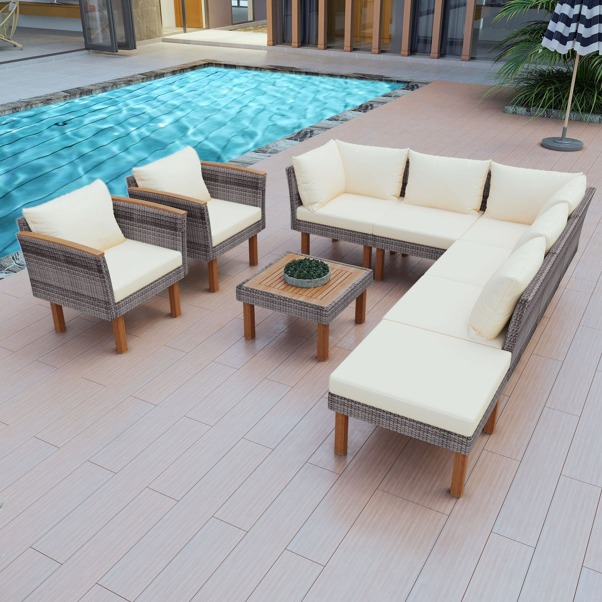 9 Piece Patio Rattan Furniture Set, Outdoor Conversation Set With Acacia Wood Legs And Tabletop, PE Rattan Sectional Sofa Set With Coffee Table, Washable Cushion