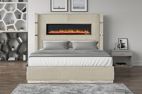 Lizelle Upholstered Queen Bed with Fireplace in Beige Velvet Finish