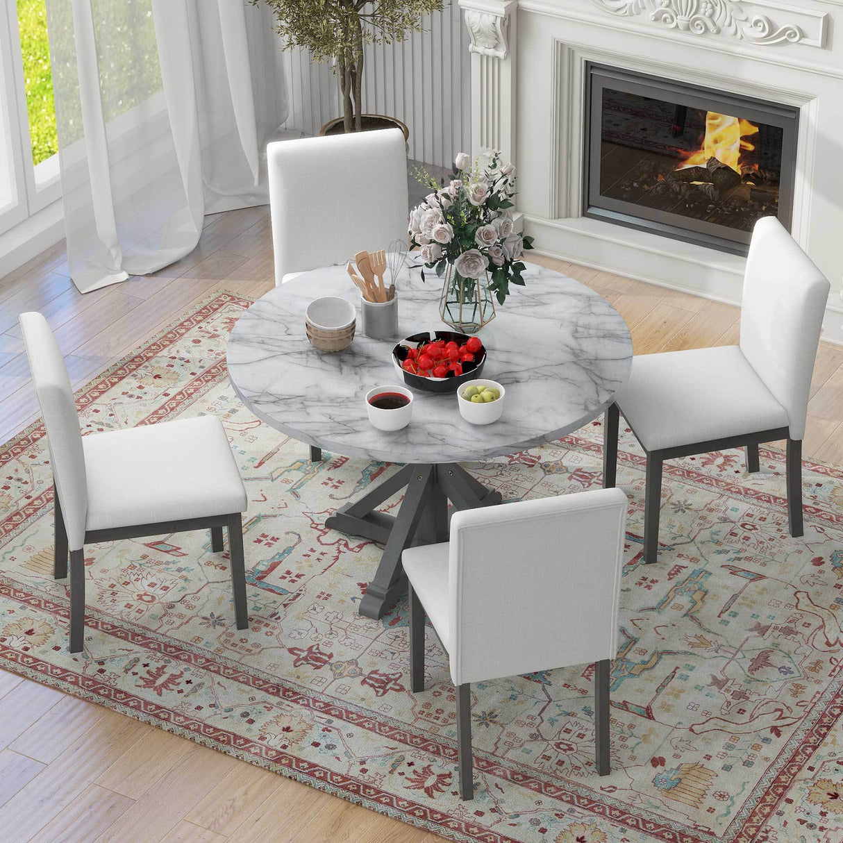 Dining Set with Faux Marble Top and 4 Upholstered Chairs (White+Gray)