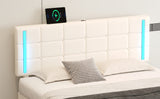 Queen Size Upholstered Bed with LED Lights, Hydraulic Storage System and USB Charging Station,White