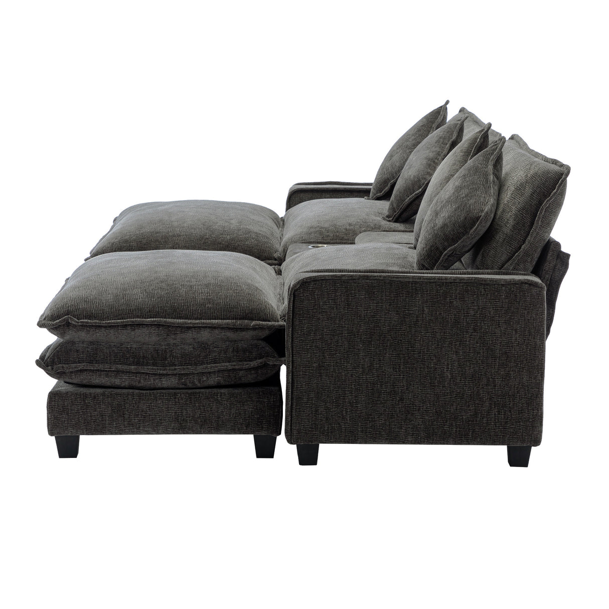 112.6" Chenille Upholstered Sofa with Two Ottomans, Two USB Ports, Two Cup Holders and Large Storage Box -Dark Gray