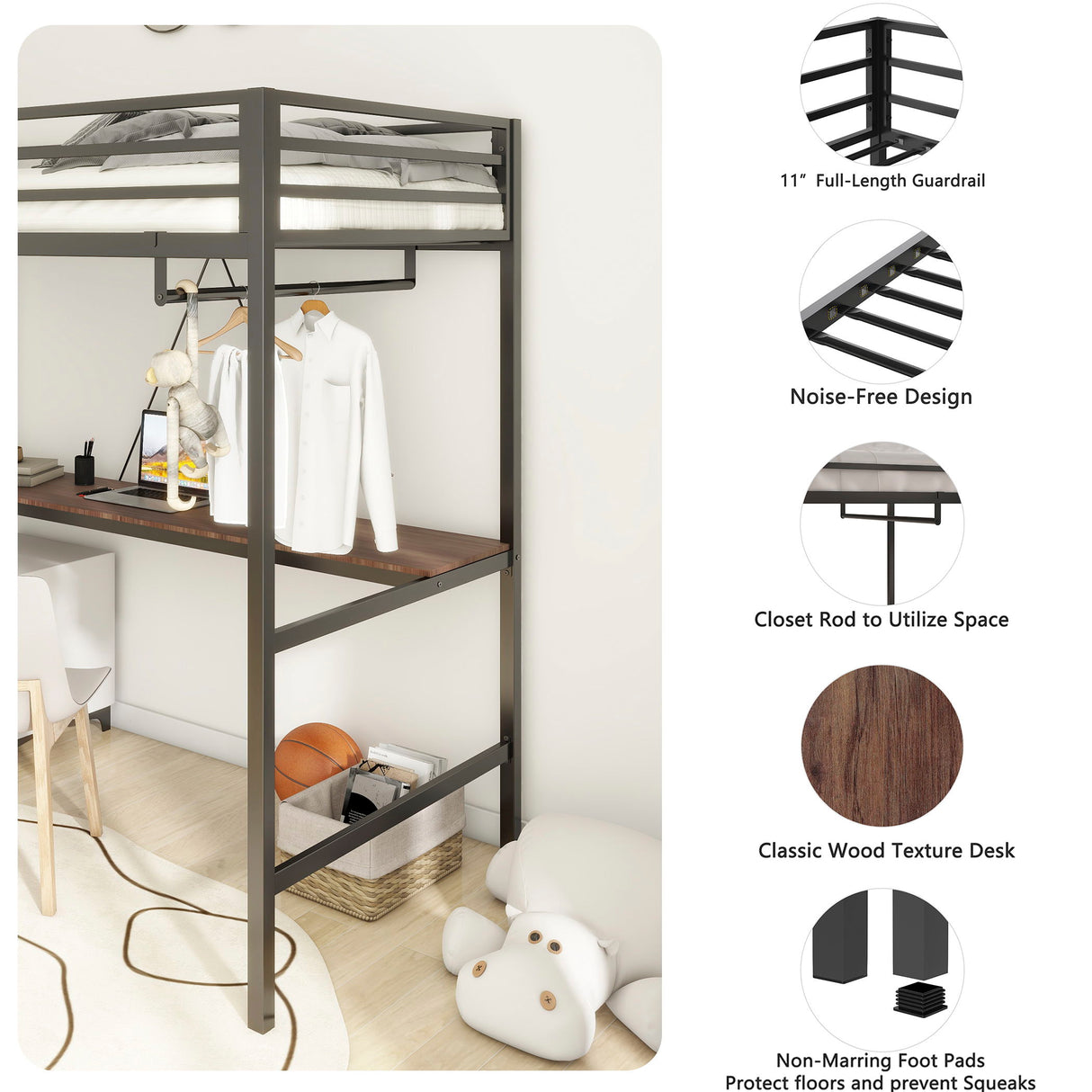 Adam - Twin Loft Bunk Bed With Cinnamon Wood Desk And Closet Rod - Black