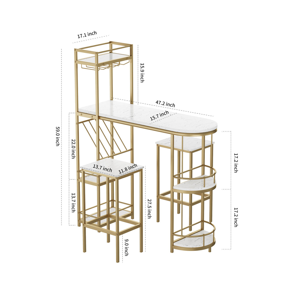 3 Piece Bar Table And Chairs Set - White / Gold