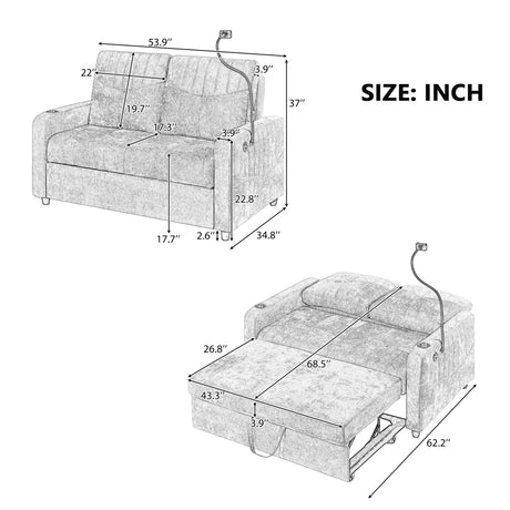 53.9" Modern Sleeper Loveseat with Adjustable Backrest, Two Cup Holders, Phone Holder, Three Charging Ports and Side Storage Pocket , Beige