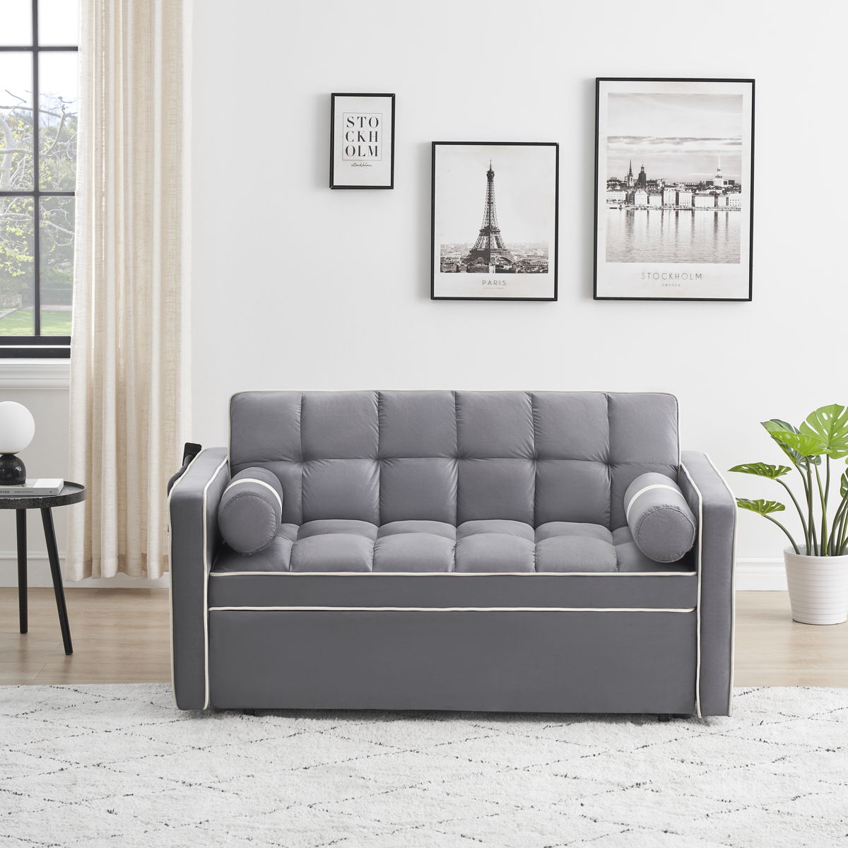 Modern Convertible Sleeper Sofa Couch With Pull Out Bed With Pillows & Side Pockets For Small Space, Living Room