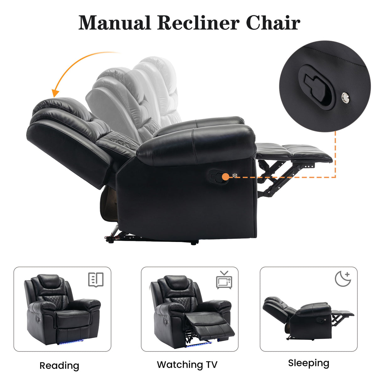 Manual Recliner Chair, Led Light Strip - Black