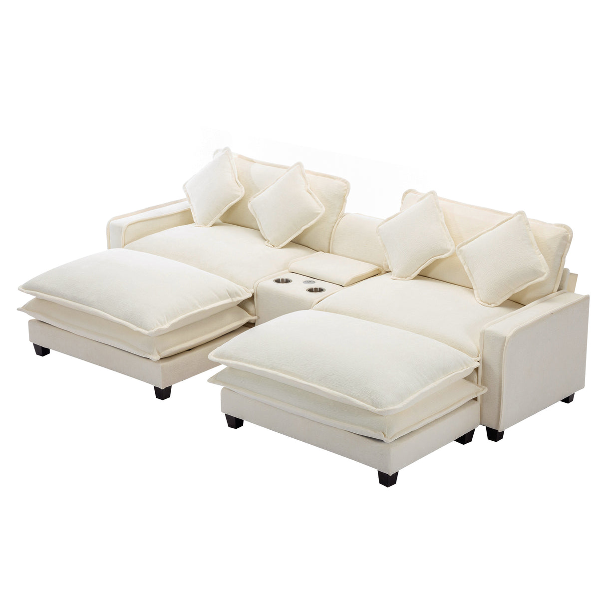 112.6" Chenille Upholstered Sofa with Two Ottomans, Two USB Ports, Two Cup Holders and Large Storage Box - Beige