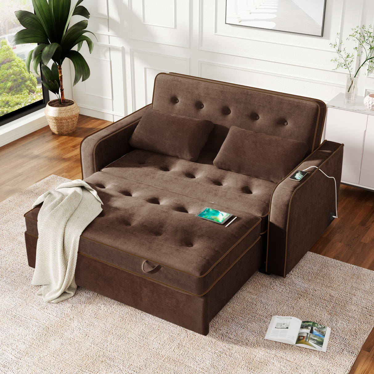 66.5" Upholstered Loveseat With Pull Out Bed, Two Throw Pillows, Dual USB Charging Port and Adjustable Backrest - Brown