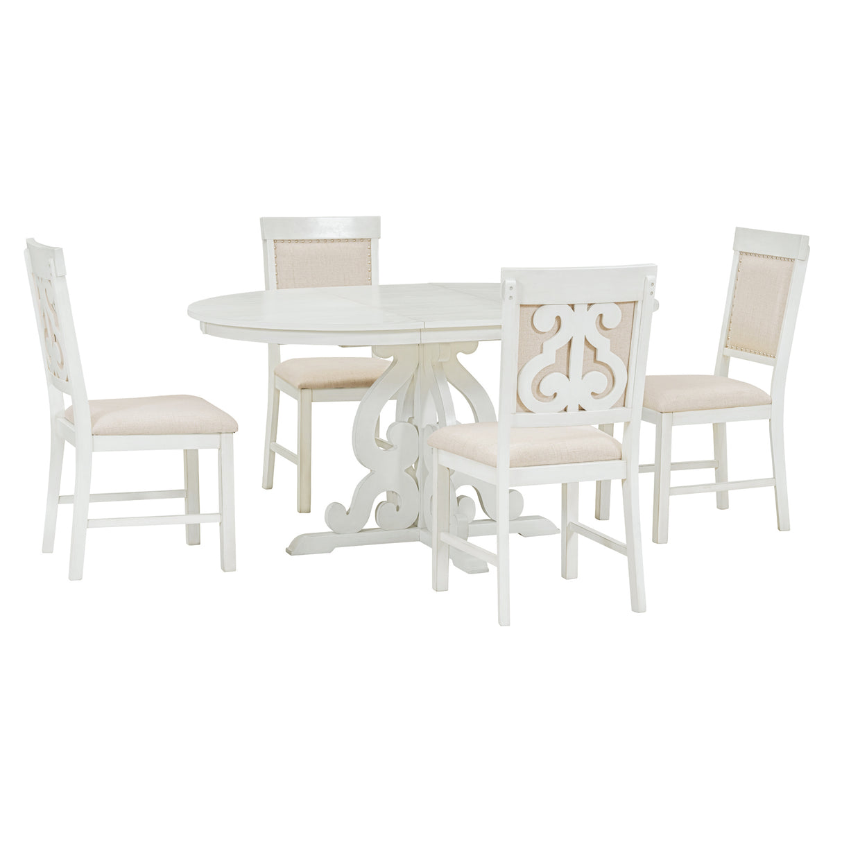 TREXM 5-Piece Retro Functional Dining Set with a 16-inch Leaf and 4 Upholstered Chairs (Antique White)