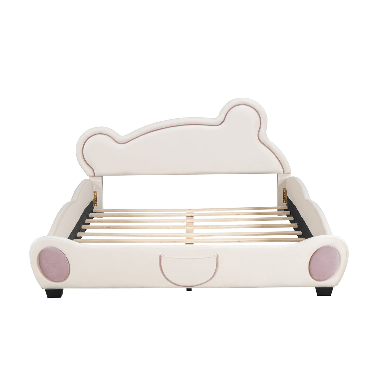 Queen Size Platform Bed with Bear-Shaped Headboard and Storage Pocket, Beige