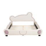 Queen Size Platform Bed with Bear-Shaped Headboard and Storage Pocket, Beige