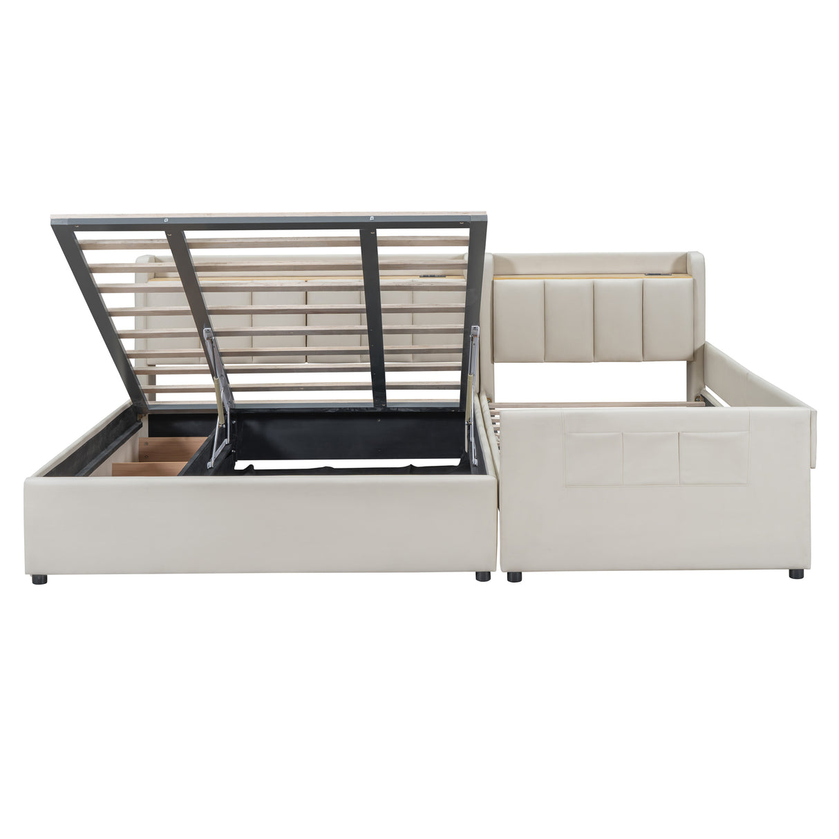 Queen & Twin XL Size Upholstered Platform Bed with Hydraulic Storage System, Drawers, Bedhead storage shelves, Two pairs of Outlets & USB Ports - PU Leather, Beige