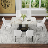 7-Piece Faux Marble Dining Set with 6 Upholstered White Chairs - White/Black