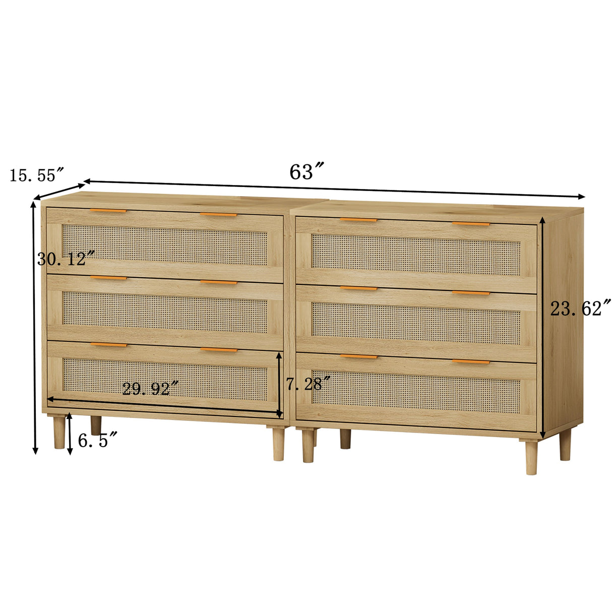 3 Drawers Rattan Storage Cabinet Rattan (Set of 2) - Oak