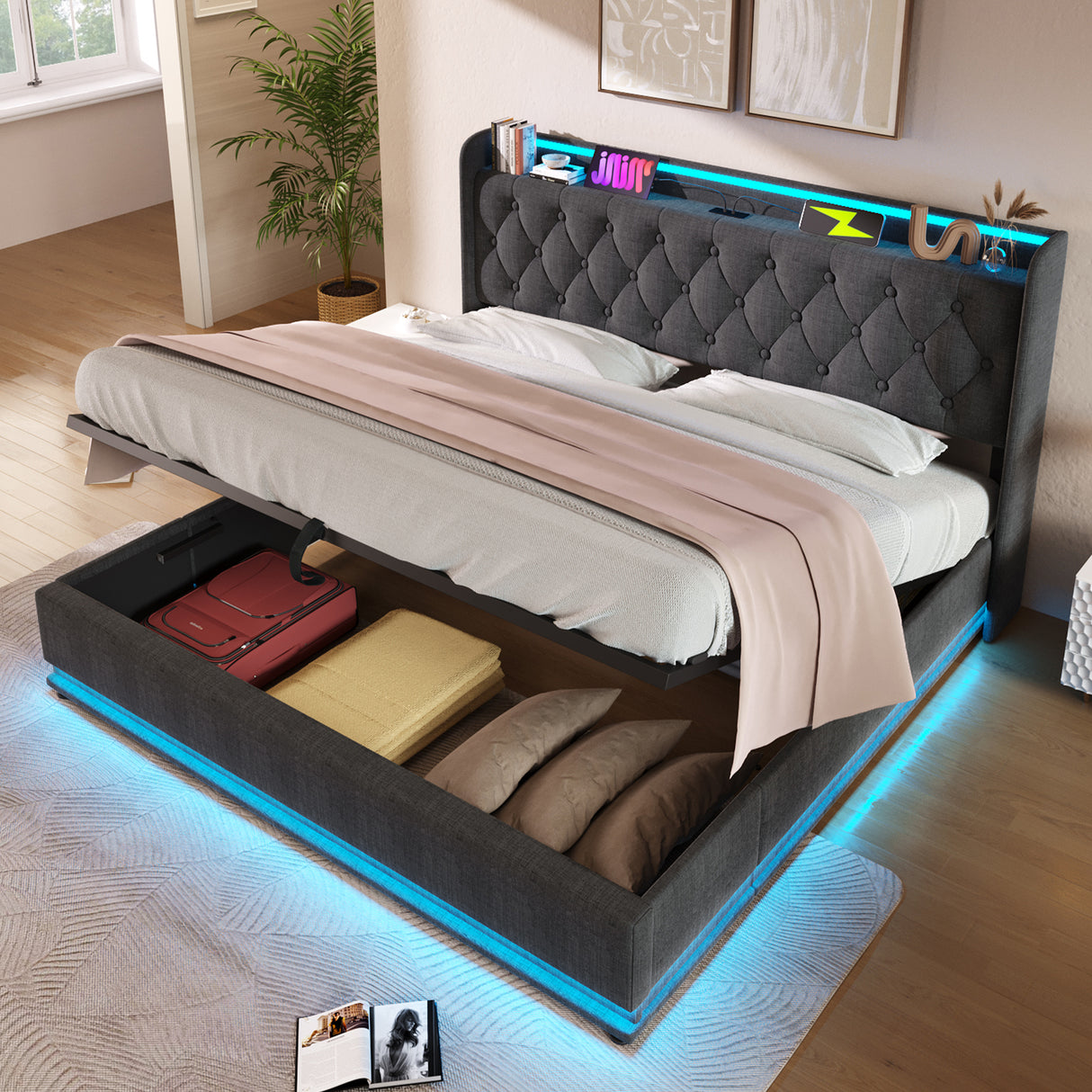 King Upholstered Bed With 360 Surround LED, Remote Control, Hydraulic Storagew and USB Type-C Charging - Gray