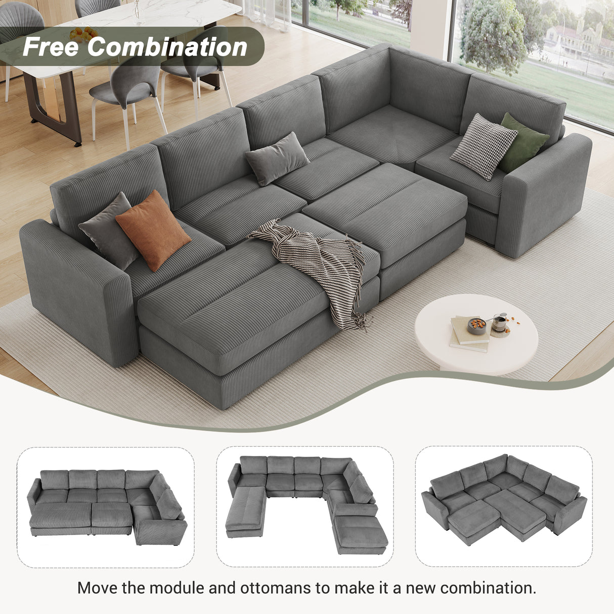 121.3" Modular Sectional Sofa with Two Movable Ottomans, Gray