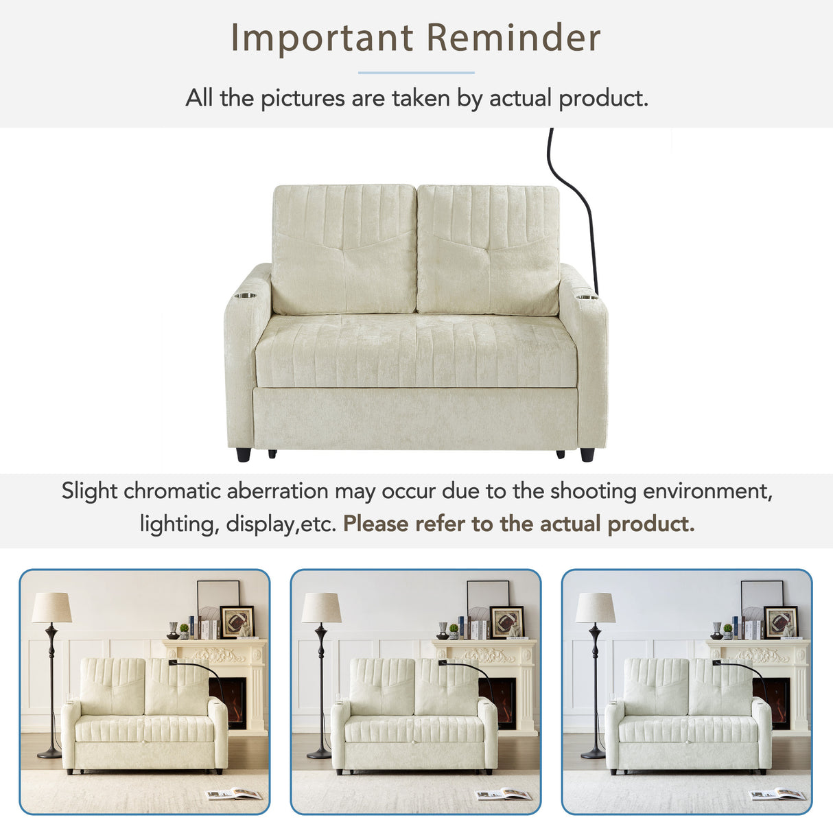 53.9" Modern Sleeper Loveseat with Adjustable Backrest, Two Cup Holders, Phone Holder, Three Charging Ports and Side Storage Pocket , Beige